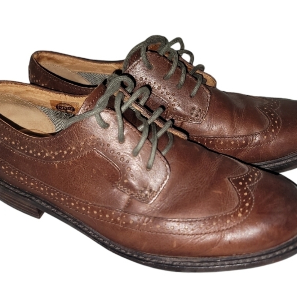 Fossil Brown Leather Oxford Derbys with Brogue Detailing